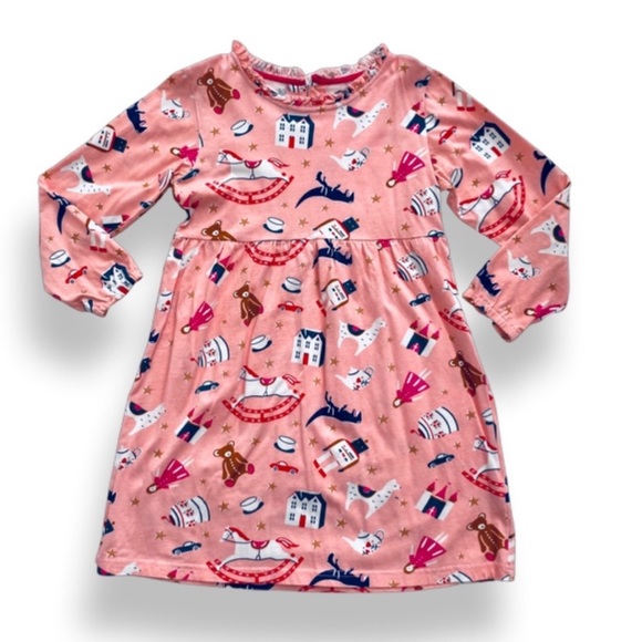 New✨ Girls Pink & Navy Toy Box 🧸 All Over Print Ruffle Neck Boutique Dress 🎀 - Picture 2 of 7